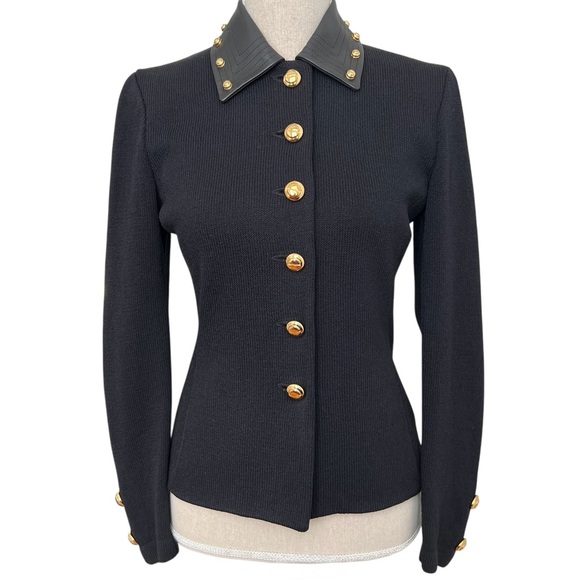 Rare St. John Collection Black Wool Santana Knit Leather Studded Jacket Size 2